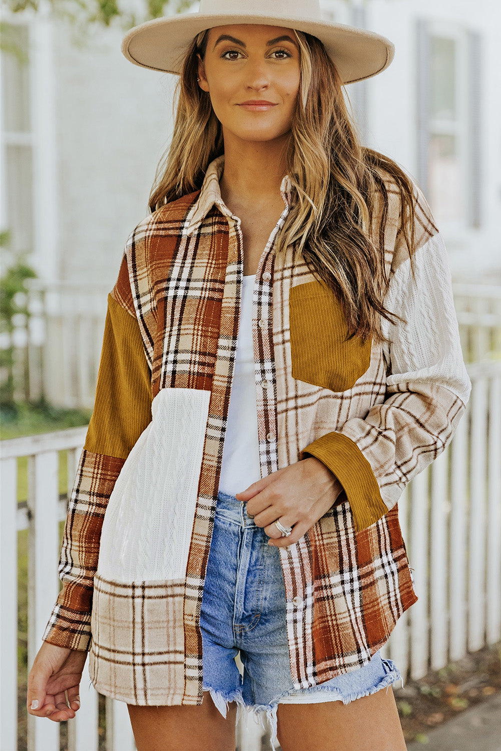 Orange Plaid Color Block Patchwork Shirt Jacket with Pocket - Premium Outerwear from Momma Done Gone Crafty- Just $35.99! Shop now at Momma Done Gone Crafty