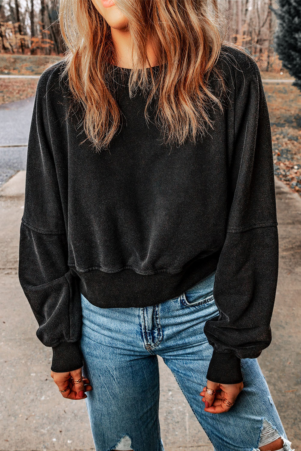 Black Acid Wash V-shape Open Back Sweatshirt - Premium Tops from Momma Done Gone Crafty- Just $52.00! Shop now at Momma Done Gone Crafty