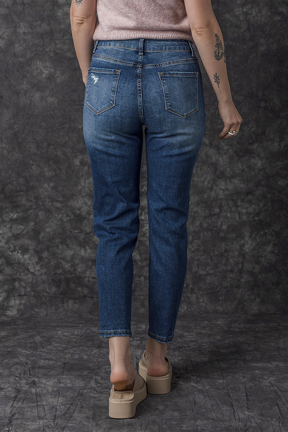 Blue Distressed Button Fly High Waist Skinny Jeans - Premium Bottoms from Momma Done Gone Crafty- Just $35.40! Shop now at Momma Done Gone Crafty