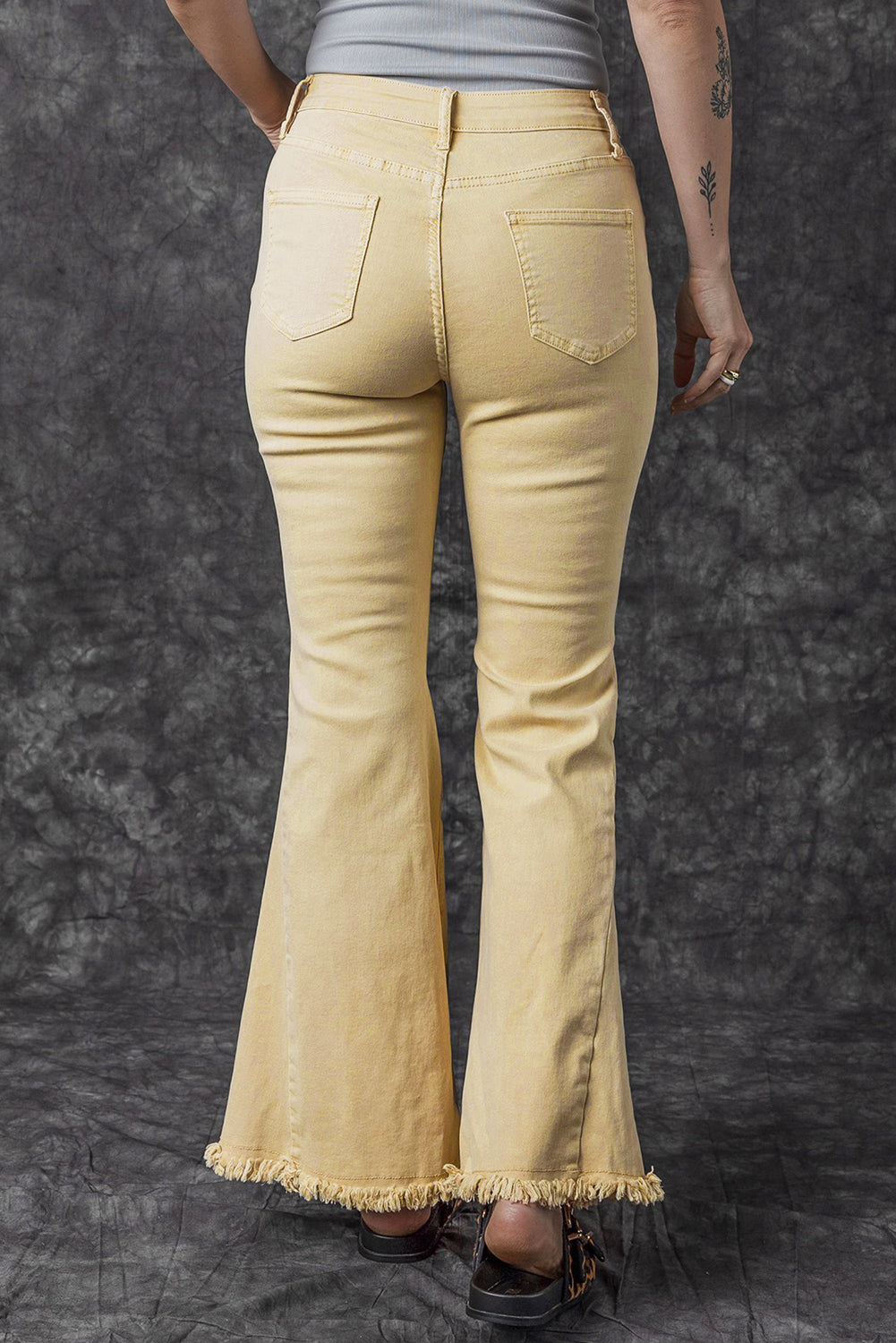 Khaki Raw Edge Mid Waist Flared Jeans - Premium Bottoms from Momma Done Gone Crafty- Just $60! Shop now at Momma Done Gone Crafty