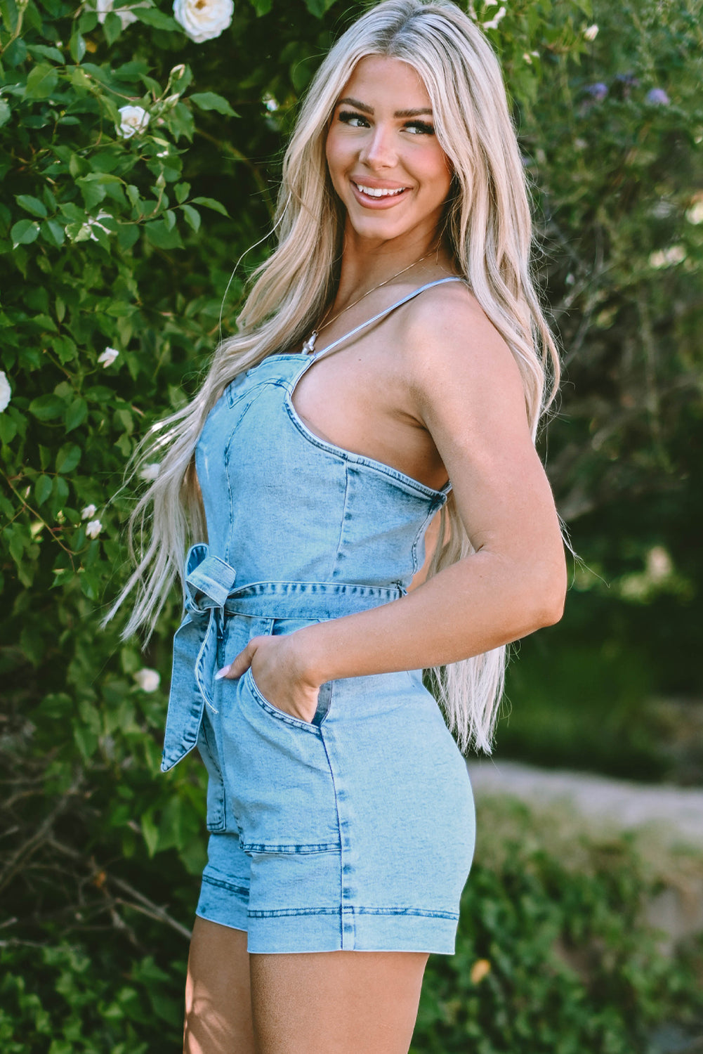 Beau Blue Spaghetti Straps Belted Denim Romper - Premium Bottoms/Jumpsuits & Rompers from Momma Done Gone Crafty- Just $40.86! Shop now at Momma Done Gone Crafty