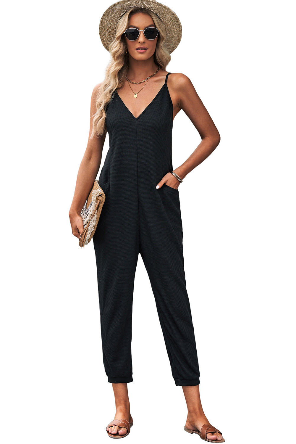 Black Textured Sleeveless V-Neck Pocketed Casual Jumpsuit - Premium Bottoms from Momma Done Gone Crafty- Just $26.99! Shop now at Momma Done Gone Crafty