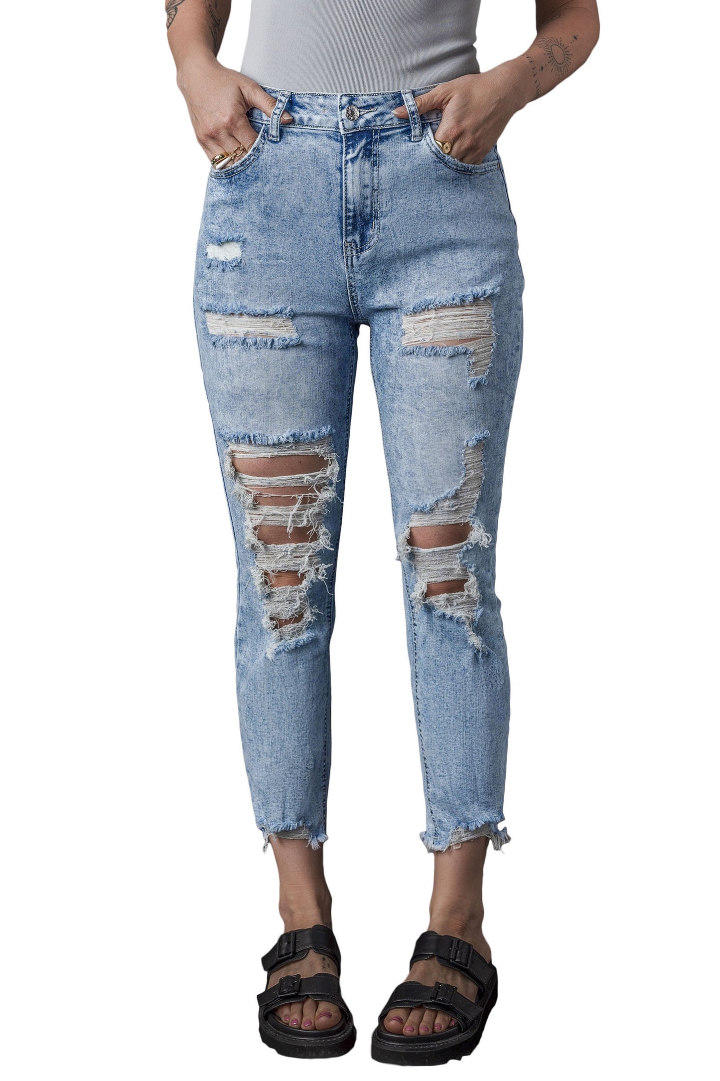 Sky Blue Acid Wash Distressed Slim Fit Jeans - Premium Bottoms from Momma Done Gone Crafty- Just $67.32! Shop now at Momma Done Gone Crafty