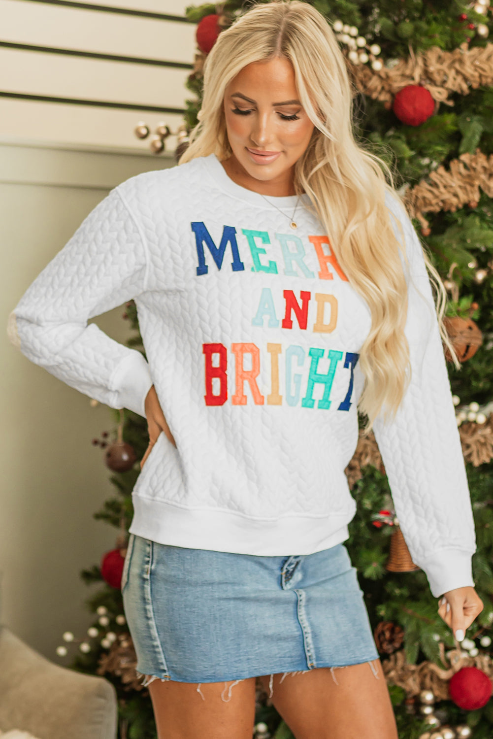 White Merry And Bright Cable Knit Pullover Sweatshirt - Premium Tops from Momma Done Gone Crafty- Just $45.99! Shop now at Momma Done Gone Crafty