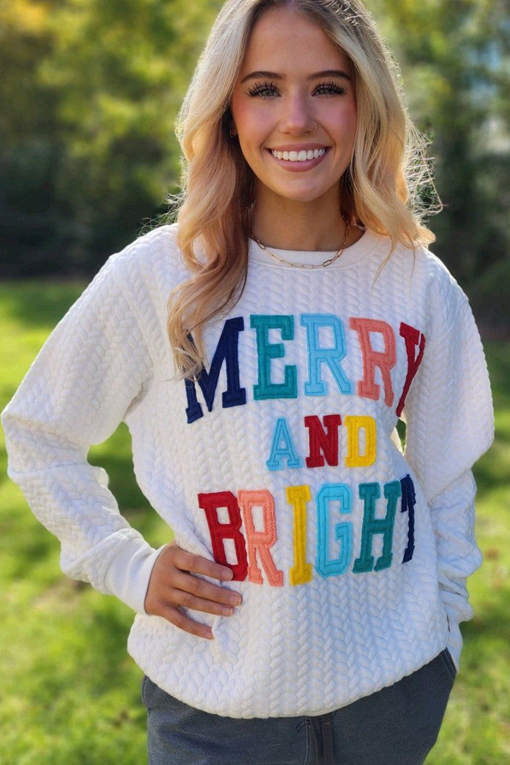 White Merry And Bright Cable Knit Pullover Sweatshirt - Premium Tops from Momma Done Gone Crafty- Just $45.99! Shop now at Momma Done Gone Crafty