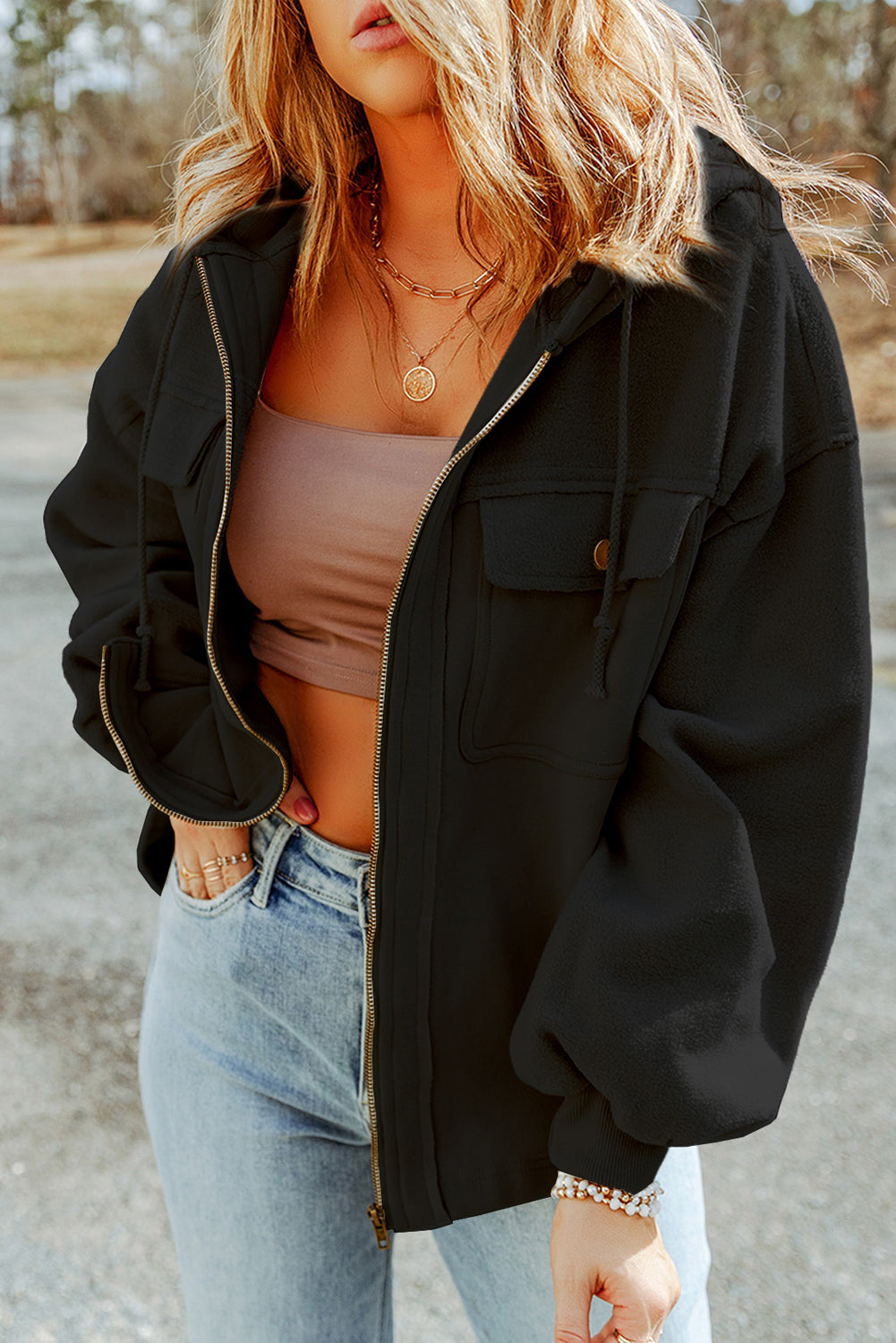 Black Flap Pocket Drawstring Hood Zip Up Jacket - Premium Outerwear from Momma Done Gone Crafty- Just $38.99! Shop now at Momma Done Gone Crafty