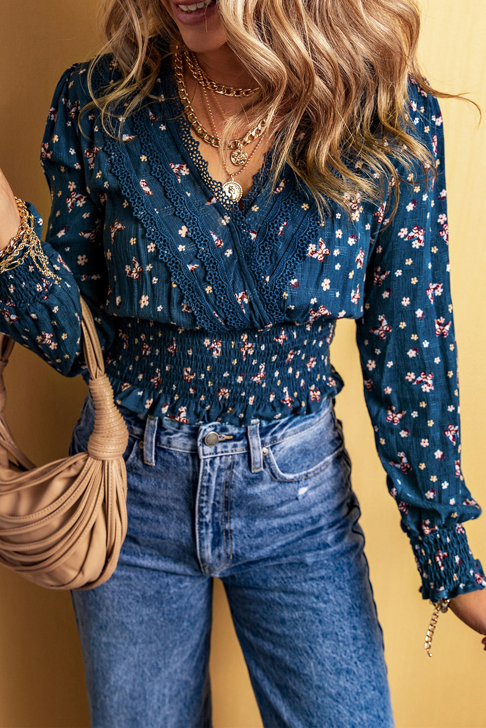 Blue Lace Trim V Neck Floral Smocked Long Sleeve Blouse - Premium Tops from Momma Done Gone Crafty- Just $35.82! Shop now at Momma Done Gone Crafty