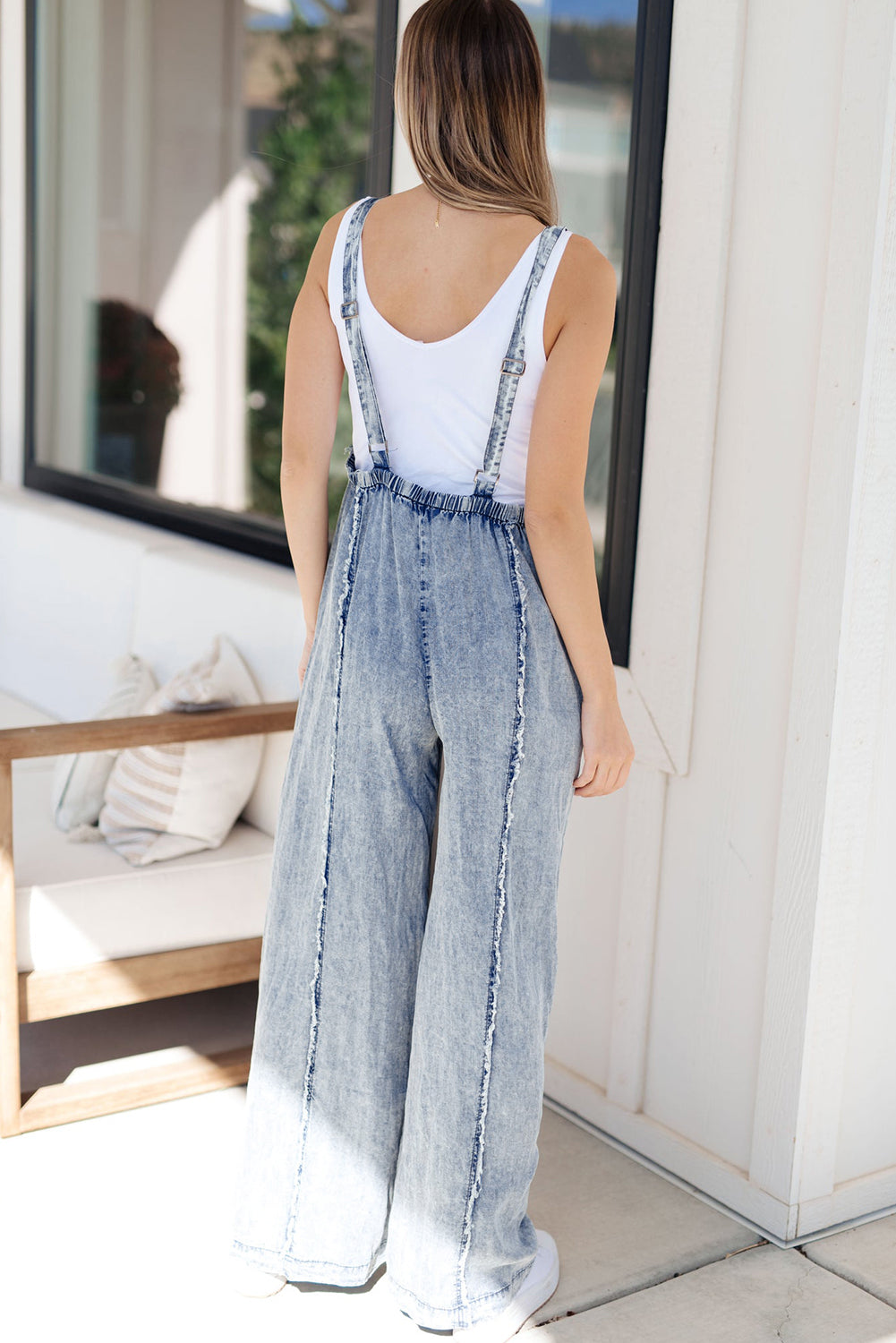 Beau Blue Light Wash Frayed Exposed Seam Wide Leg Denim Overall - Premium Bottoms/Jumpsuits & Rompers from Momma Done Gone Crafty- Just $41.01! Shop now at Momma Done Gone Crafty