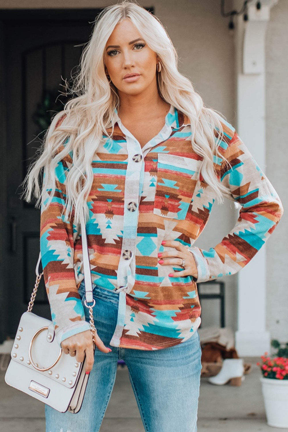 Multicolor Aztec Print Buttoned Pocket Chest Long Sleeve Shirt - Premium Tops/Blouses & Shirts from Momma Done Gone Crafty- Just $33.99! Shop now at Momma Done Gone Crafty