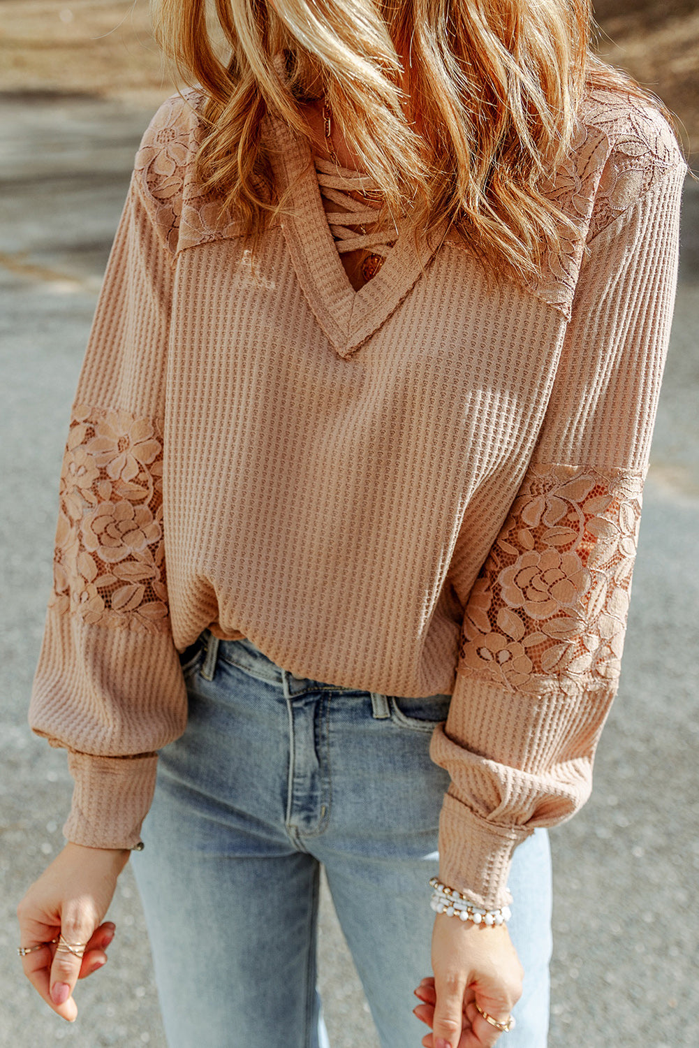 Apricot Lace Waffle Patchwork Strappy V Neck Long Sleeve Top - Premium Tops from Momma Done Gone Crafty- Just $23.10! Shop now at Momma Done Gone Crafty