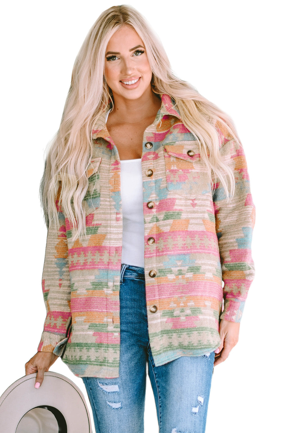 Multicolor Western Aztec Print Button Flap Pocket Shacket - Premium Outerwear from Momma Done Gone Crafty- Just $38.99! Shop now at Momma Done Gone Crafty