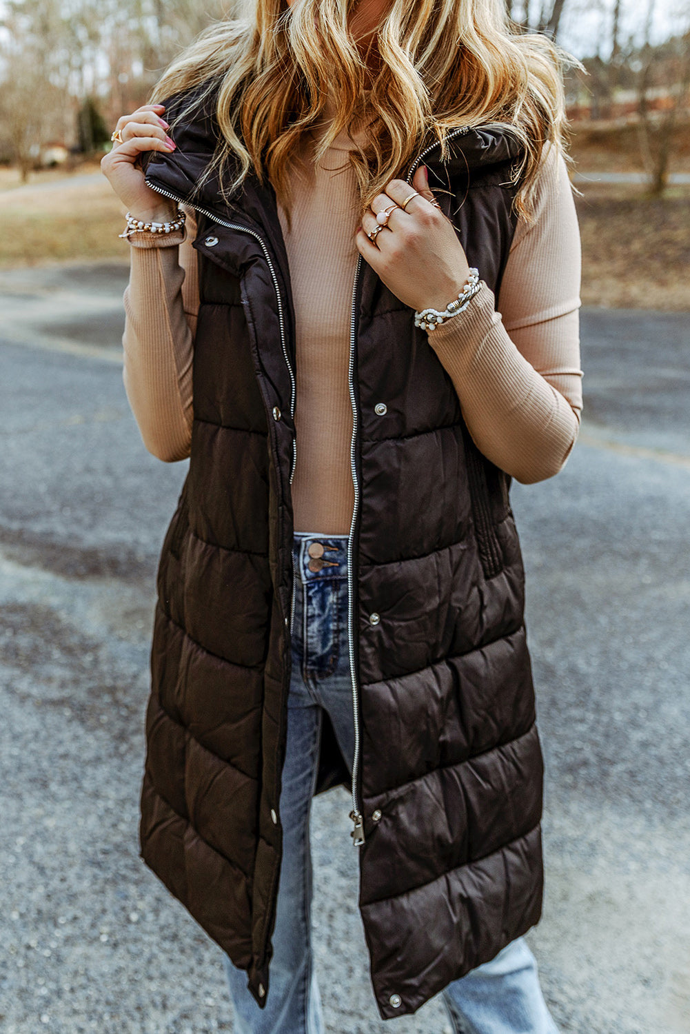 Black Hooded Long Quilted Vest Coat - Premium Outerwear from Momma Done Gone Crafty- Just $90.72! Shop now at Momma Done Gone Crafty