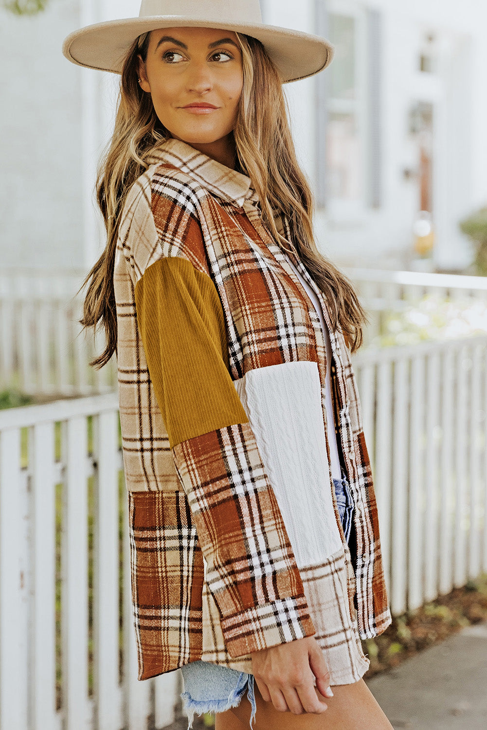 Orange Plaid Color Block Patchwork Shirt Jacket with Pocket - Premium Outerwear from Momma Done Gone Crafty- Just $35.99! Shop now at Momma Done Gone Crafty