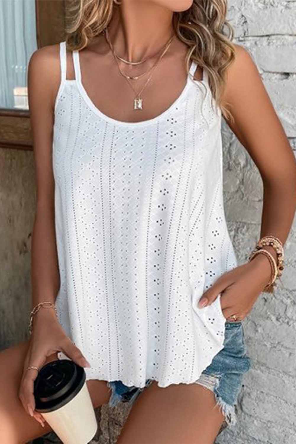 White Eyelet Strappy Scoop-Neck Tank Top - Premium Tops from Momma Done Gone Crafty- Just $12.00! Shop now at Momma Done Gone Crafty