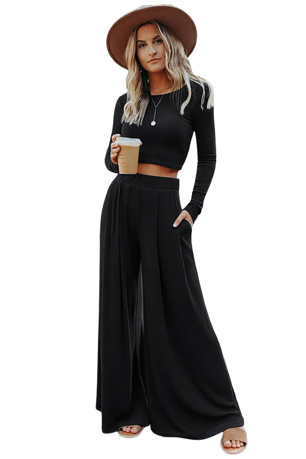 Black Solid Color Ribbed Crop Top Long Pants Set - Premium Loungewear from Momma Done Gone Crafty- Just $35.94! Shop now at Momma Done Gone Crafty