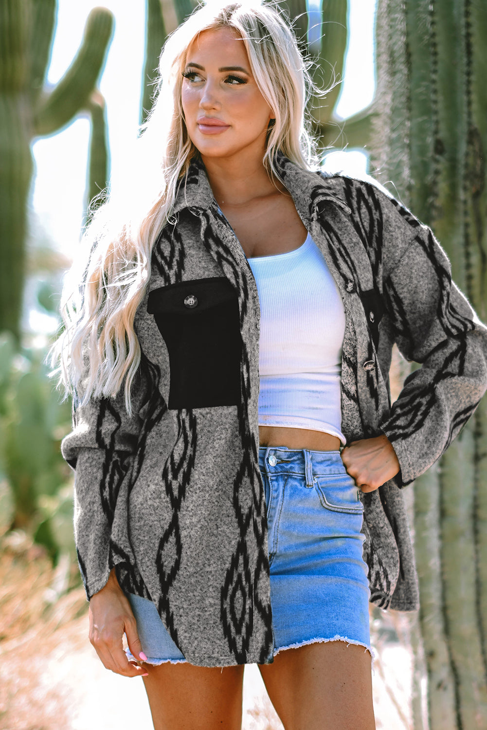 Gray Aztec Contrast Chest Pockets Loose Shacket - Premium Outerwear/Jackets from Momma Done Gone Crafty- Just $43.99! Shop now at Momma Done Gone Crafty