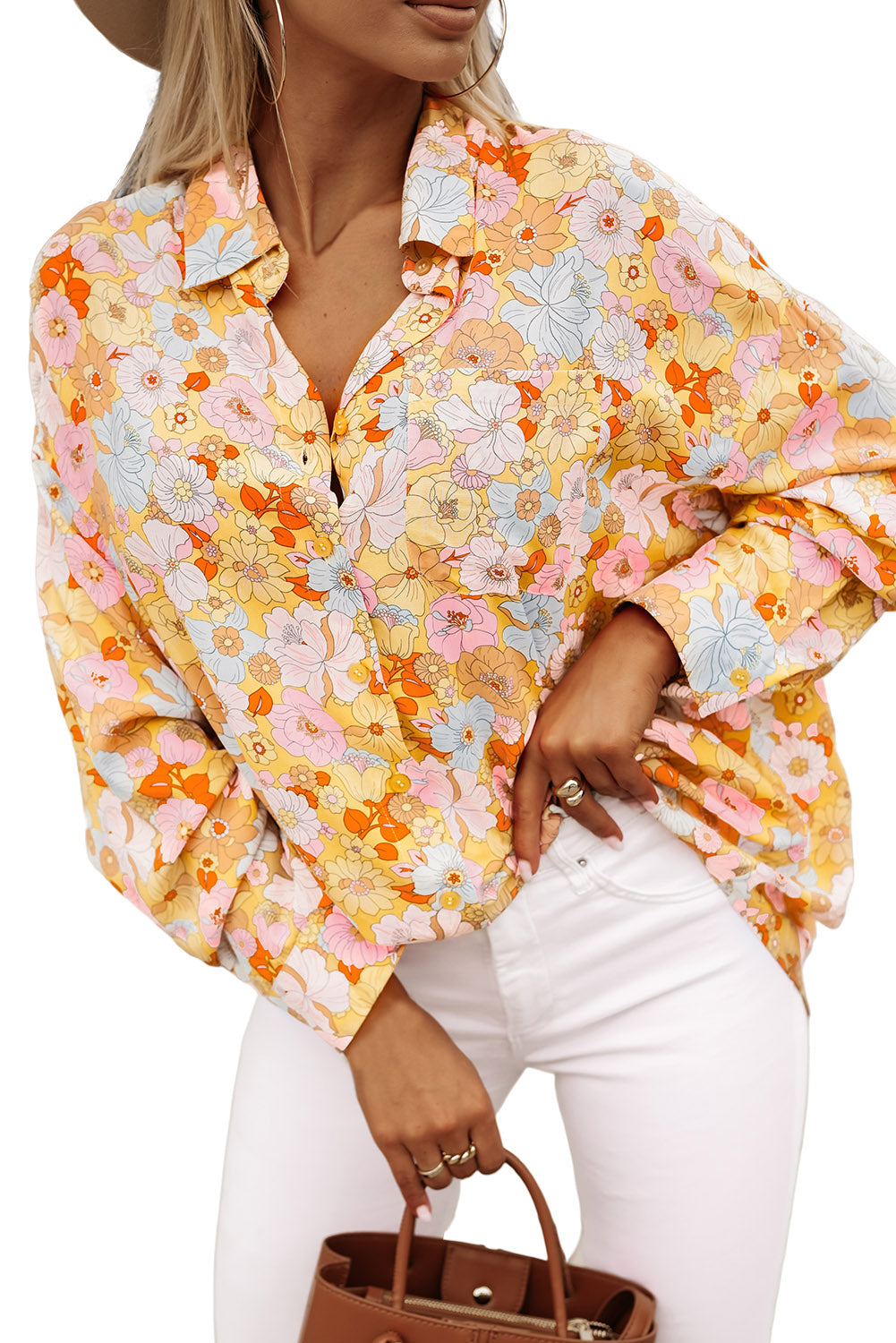 Yellow Floral Print Turn Down Collar Loose Shirt - Premium Tops from Momma Done Gone Crafty- Just $40.20! Shop now at Momma Done Gone Crafty