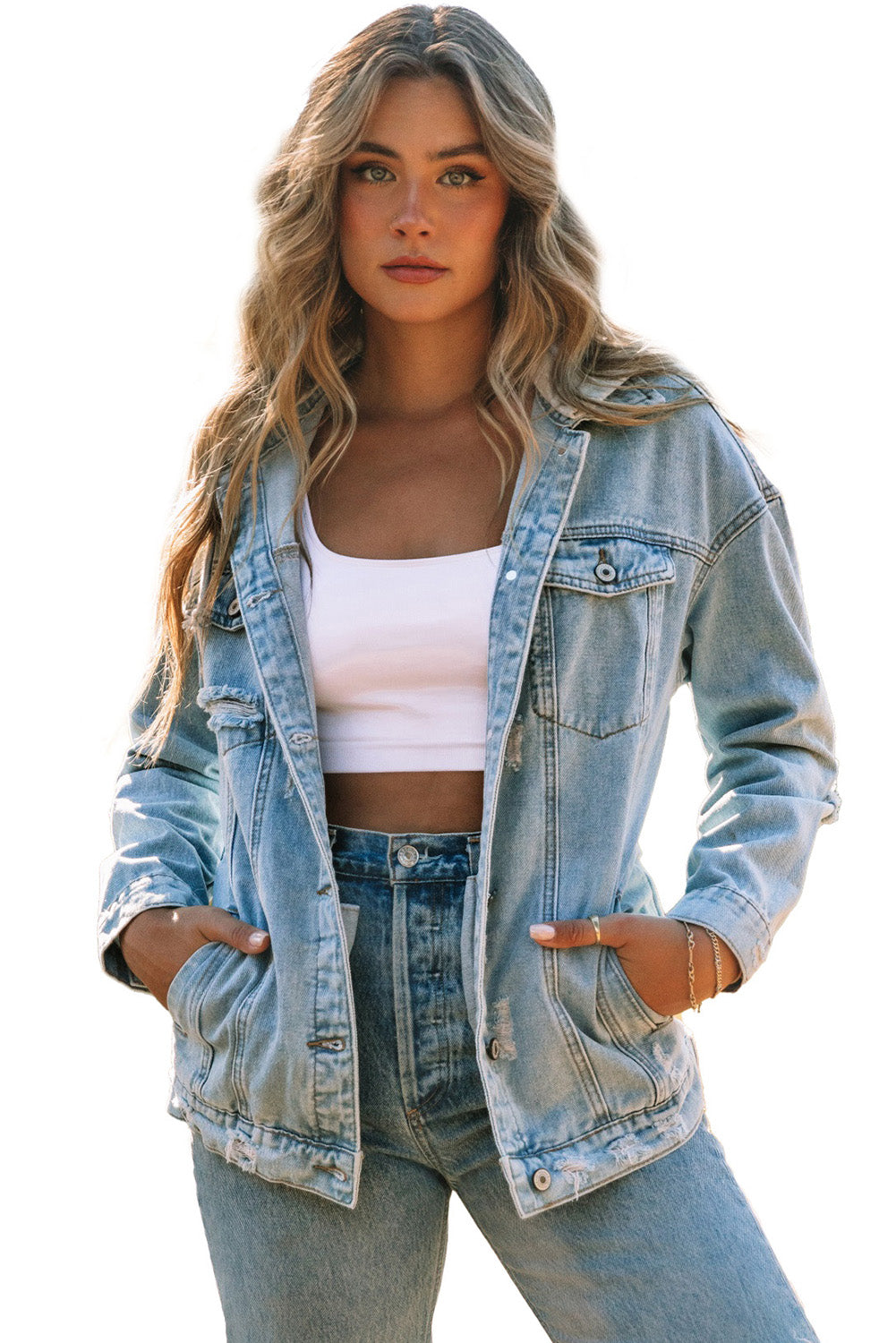 Sky Blue Button Closure Ripped Hooded Denim Jacket - Premium Outerwear from Momma Done Gone Crafty- Just $60.00! Shop now at Momma Done Gone Crafty