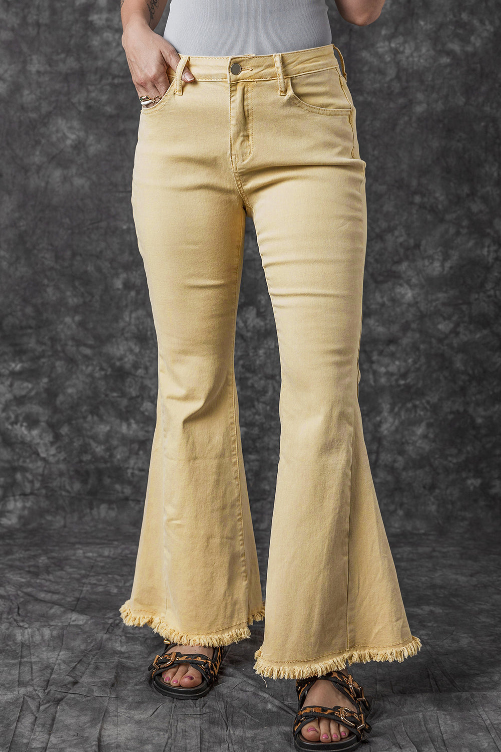 Khaki Raw Edge Mid Waist Flared Jeans - Premium Bottoms from Momma Done Gone Crafty- Just $60! Shop now at Momma Done Gone Crafty