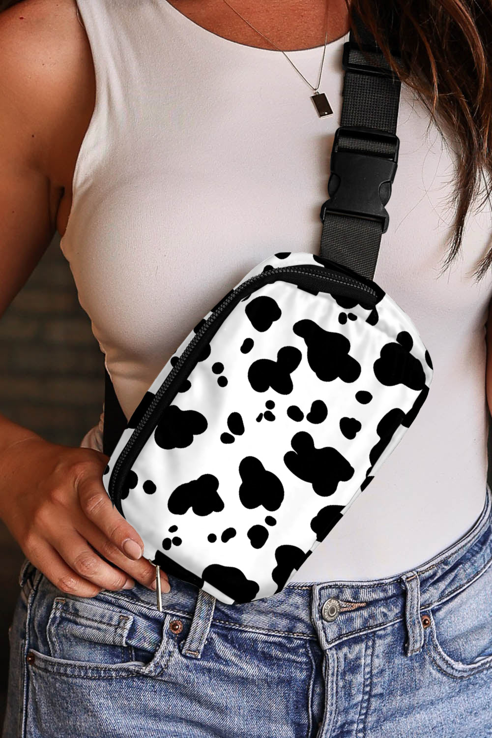 White Cow Pattern Print Buckle Wide Belt Inclined Shoulder Bag - Premium Shoes & Bags/Crossbody Bags from Momma Done Gone Crafty- Just $26.99! Shop now at Momma Done Gone Crafty