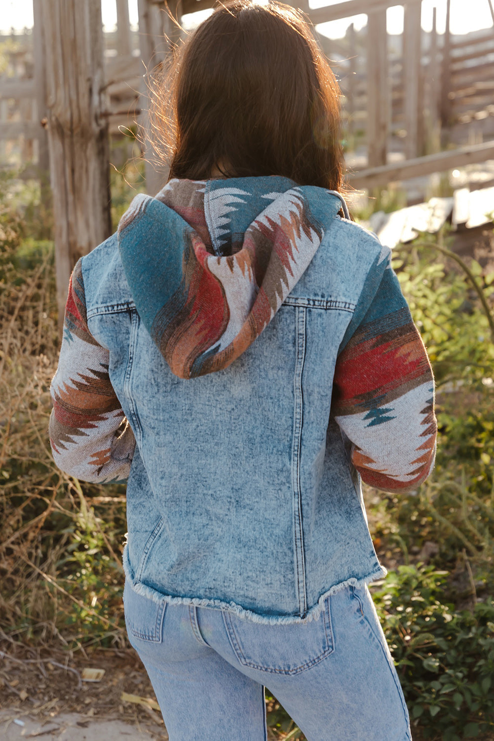 Multicolor Aztec Print Frayed Hem Denim Jacket - Premium Outerwear from Momma Done Gone Crafty- Just $46.00! Shop now at Momma Done Gone Crafty