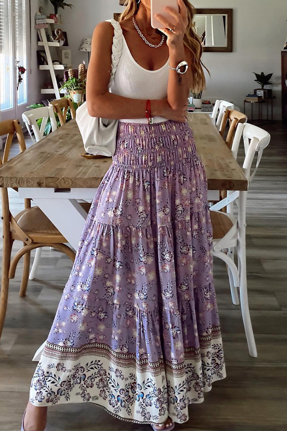 Purple Floral Print Shirred High Waist Maxi Skirt - Premium Bottoms from Momma Done Gone Crafty- Just $44.00! Shop now at Momma Done Gone Crafty