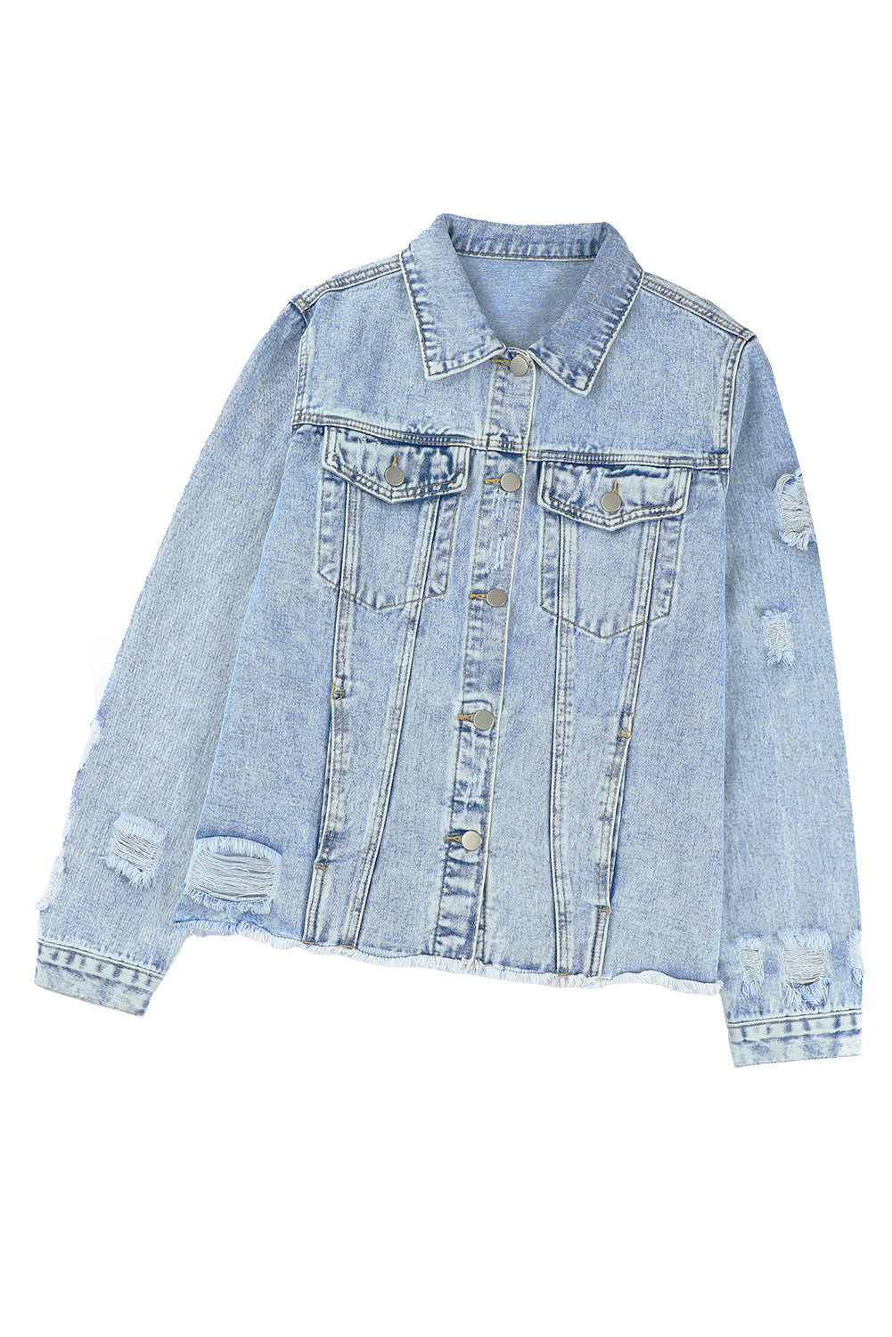 Sky Blue Lapel Distressed Raw Hem Buttons Denim Jacket - Premium Outerwear from Momma Done Gone Crafty- Just $44.00! Shop now at Momma Done Gone Crafty