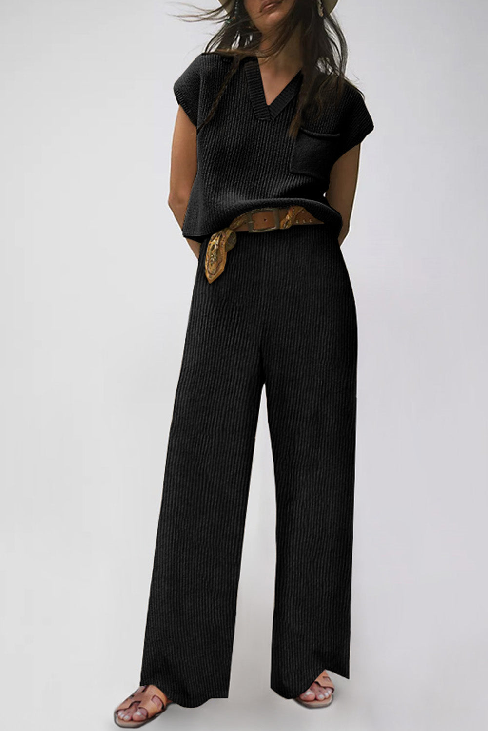 Black Knitted V Neck Sweater and Casual Pants Set - Premium Loungewear from Momma Done Gone Crafty- Just $82.26! Shop now at Momma Done Gone Crafty