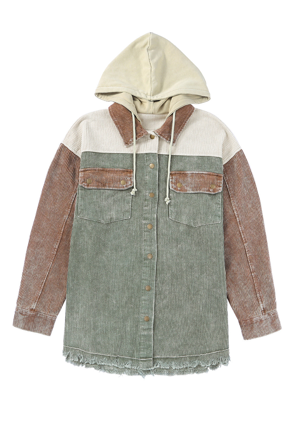 Green Color Block Button Down Hooded Corduroy Jacket - Premium Outerwear from Momma Done Gone Crafty- Just $54.00! Shop now at Momma Done Gone Crafty