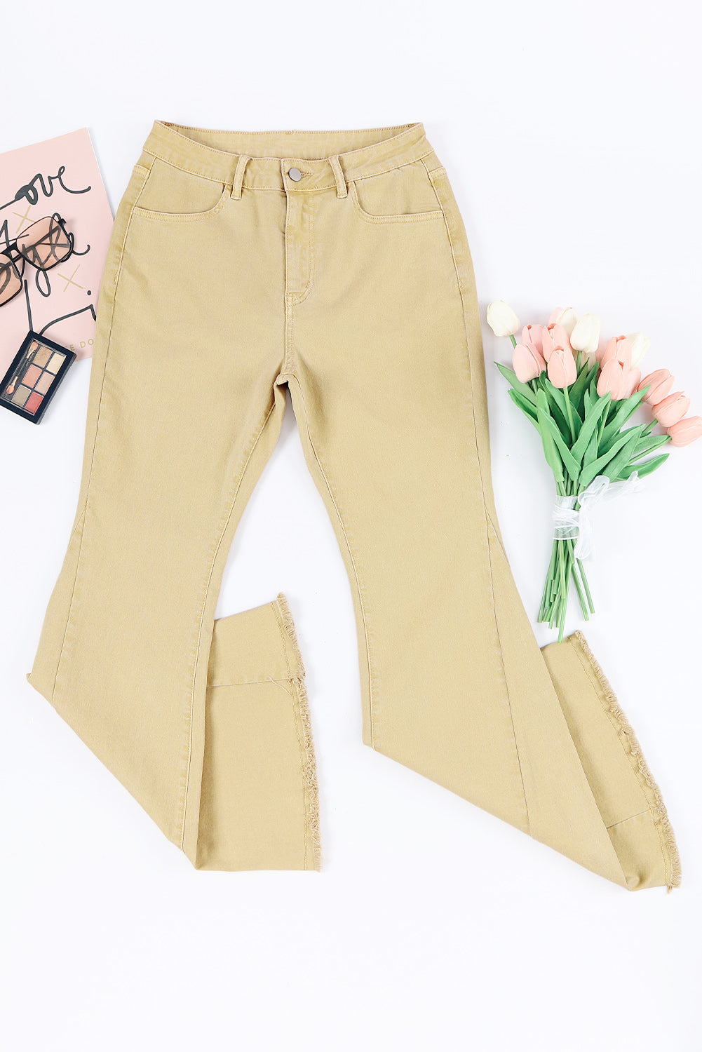 Khaki Raw Edge Mid Waist Flared Jeans - Premium Bottoms from Momma Done Gone Crafty- Just $60! Shop now at Momma Done Gone Crafty