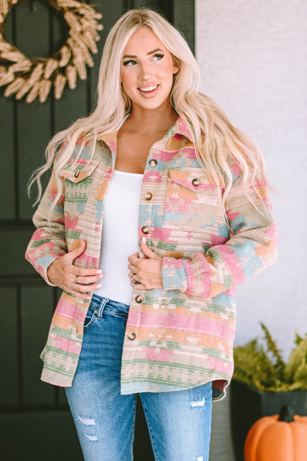 Multicolor Western Aztec Print Button Flap Pocket Shacket - Premium Outerwear from Momma Done Gone Crafty- Just $38.99! Shop now at Momma Done Gone Crafty