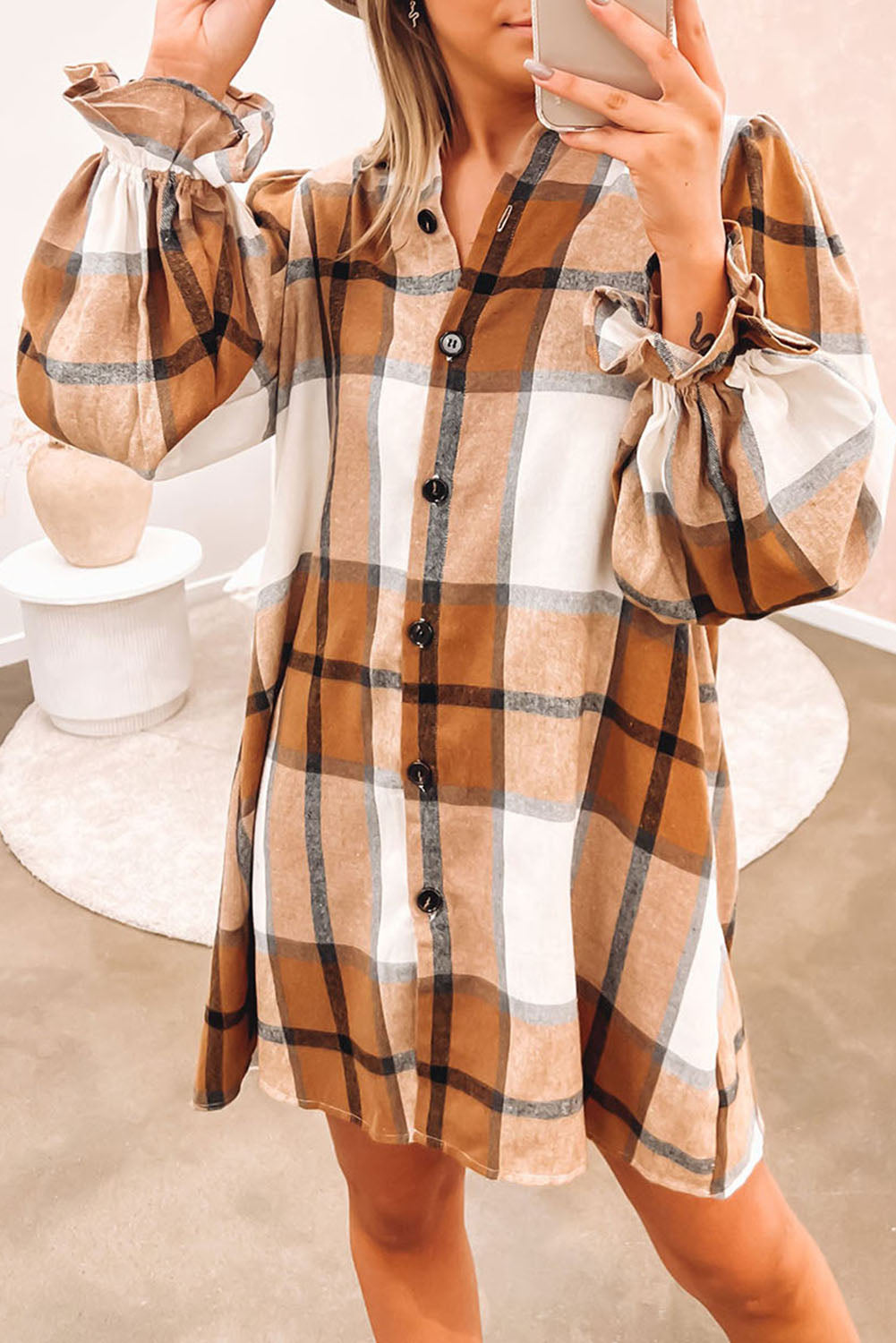 Khaki Plaid Pattern Collared Neck Ruffled Sleeve Shirt Dress - Premium Dresses from Momma Done Gone Crafty- Just $23.70! Shop now at Momma Done Gone Crafty