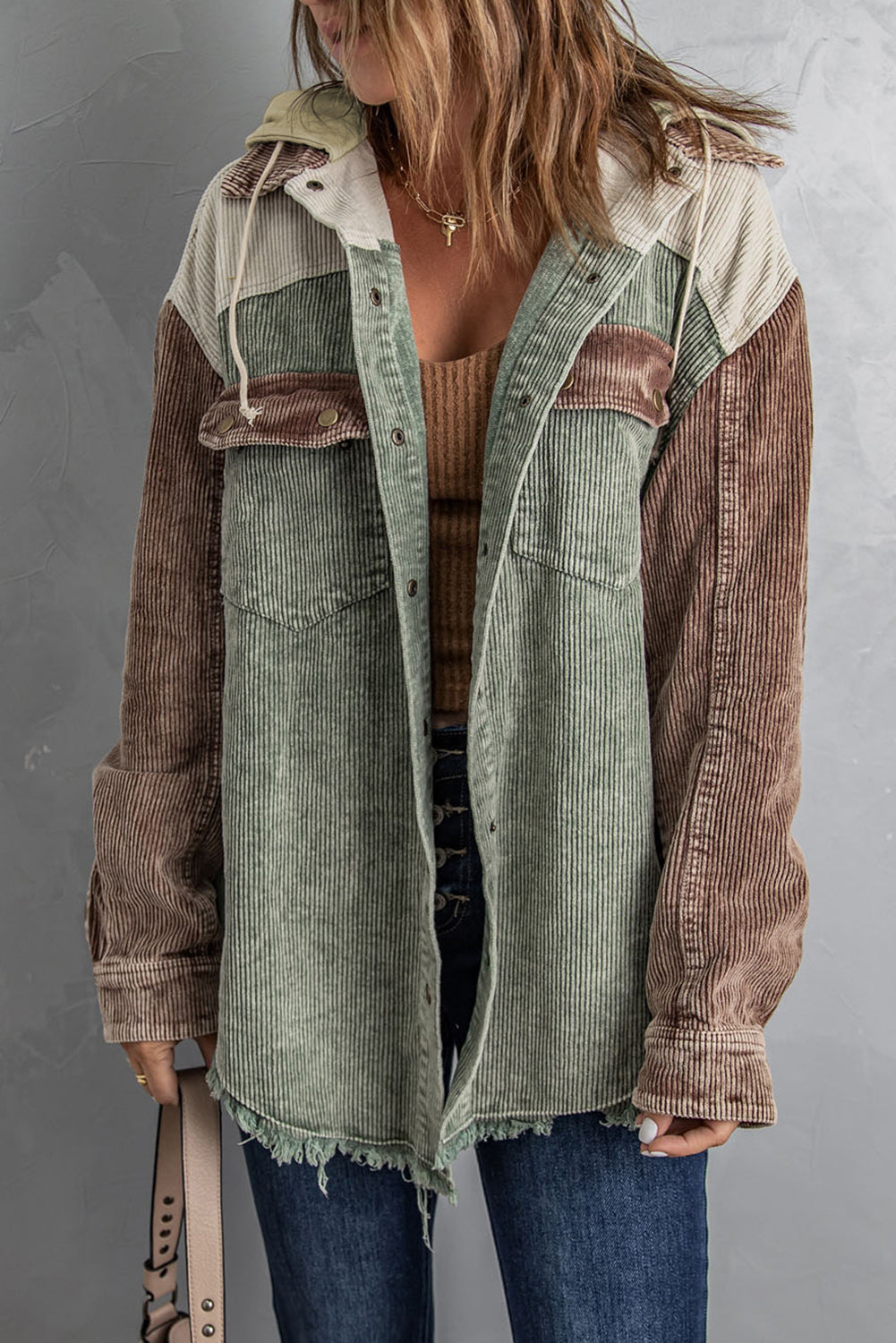 Green Color Block Button Down Hooded Corduroy Jacket - Premium Outerwear from Momma Done Gone Crafty- Just $54.00! Shop now at Momma Done Gone Crafty