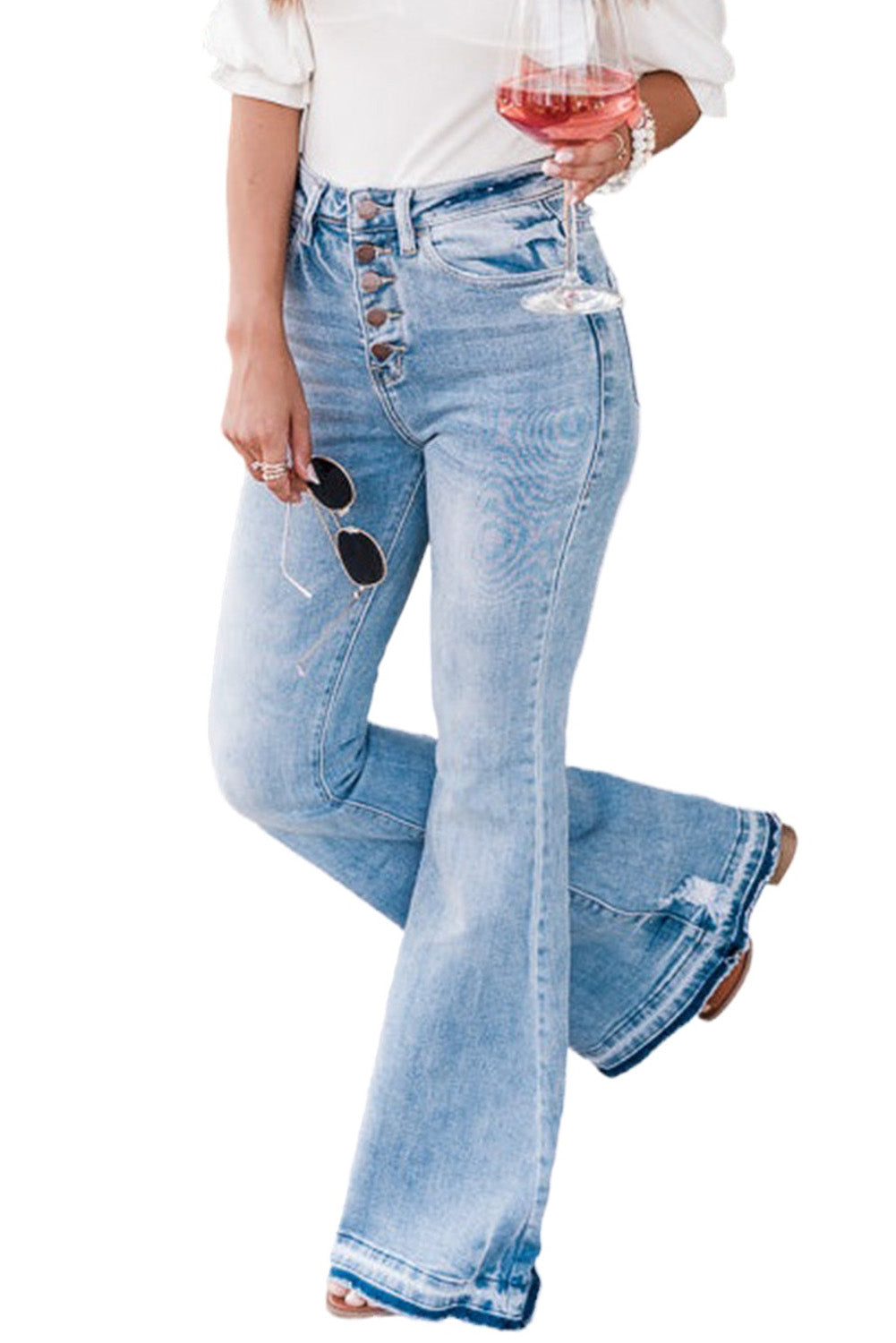 Sky Blue High Waist Buttoned Distressed Flared Jeans - Premium Bottoms from Momma Done Gone Crafty- Just $48.99! Shop now at Momma Done Gone Crafty