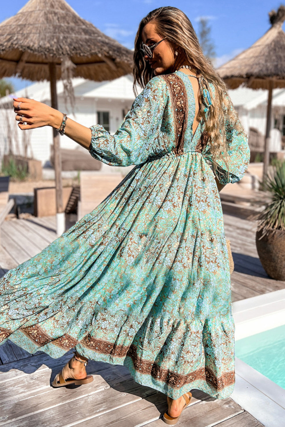 Green Boho Floral Print Lace-up Open Back High Waist Maxi Dress - Premium Dresses/Floral Dresses from Momma Done Gone Crafty- Just $48.99! Shop now at Momma Done Gone Crafty