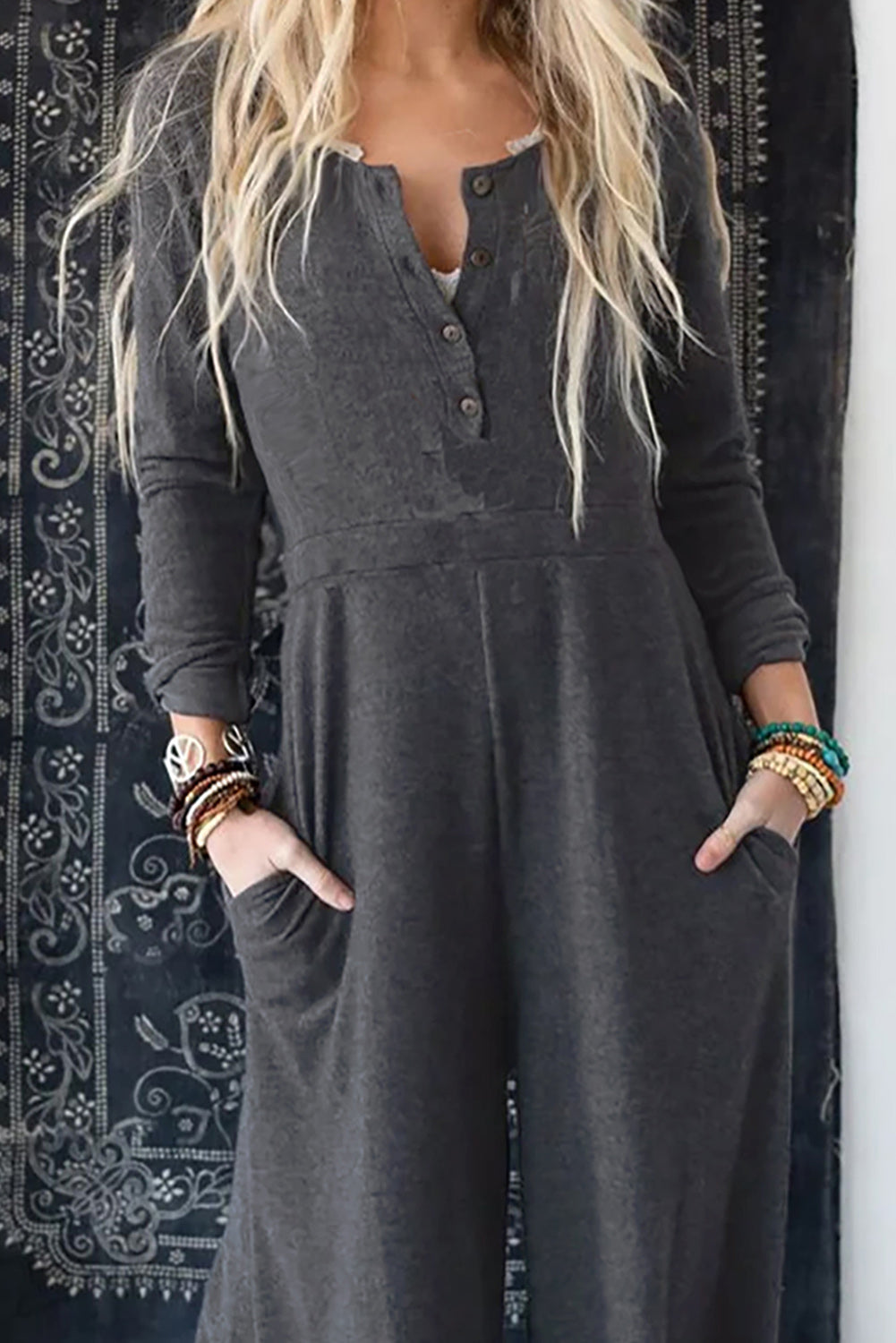 Gray Button Long Sleeve Wide Leg Jumpsuit - Premium Bottoms from Momma Done Gone Crafty- Just $49.20! Shop now at Momma Done Gone Crafty