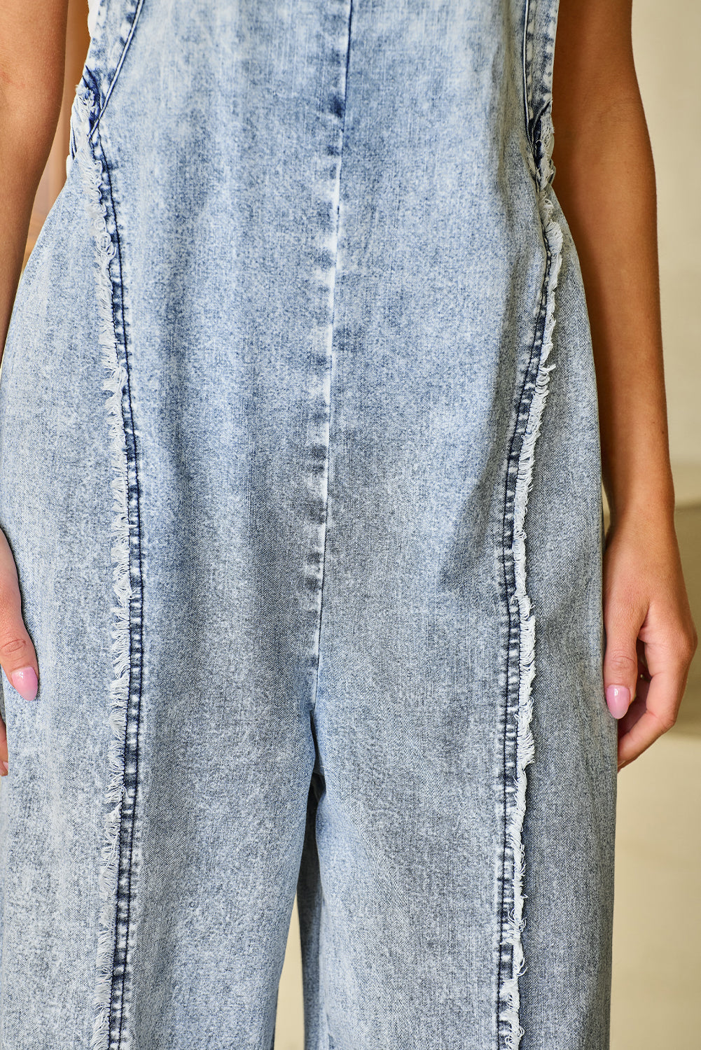 Beau Blue Light Wash Frayed Exposed Seam Wide Leg Denim Overall - Premium Bottoms/Jumpsuits & Rompers from Momma Done Gone Crafty- Just $41.01! Shop now at Momma Done Gone Crafty