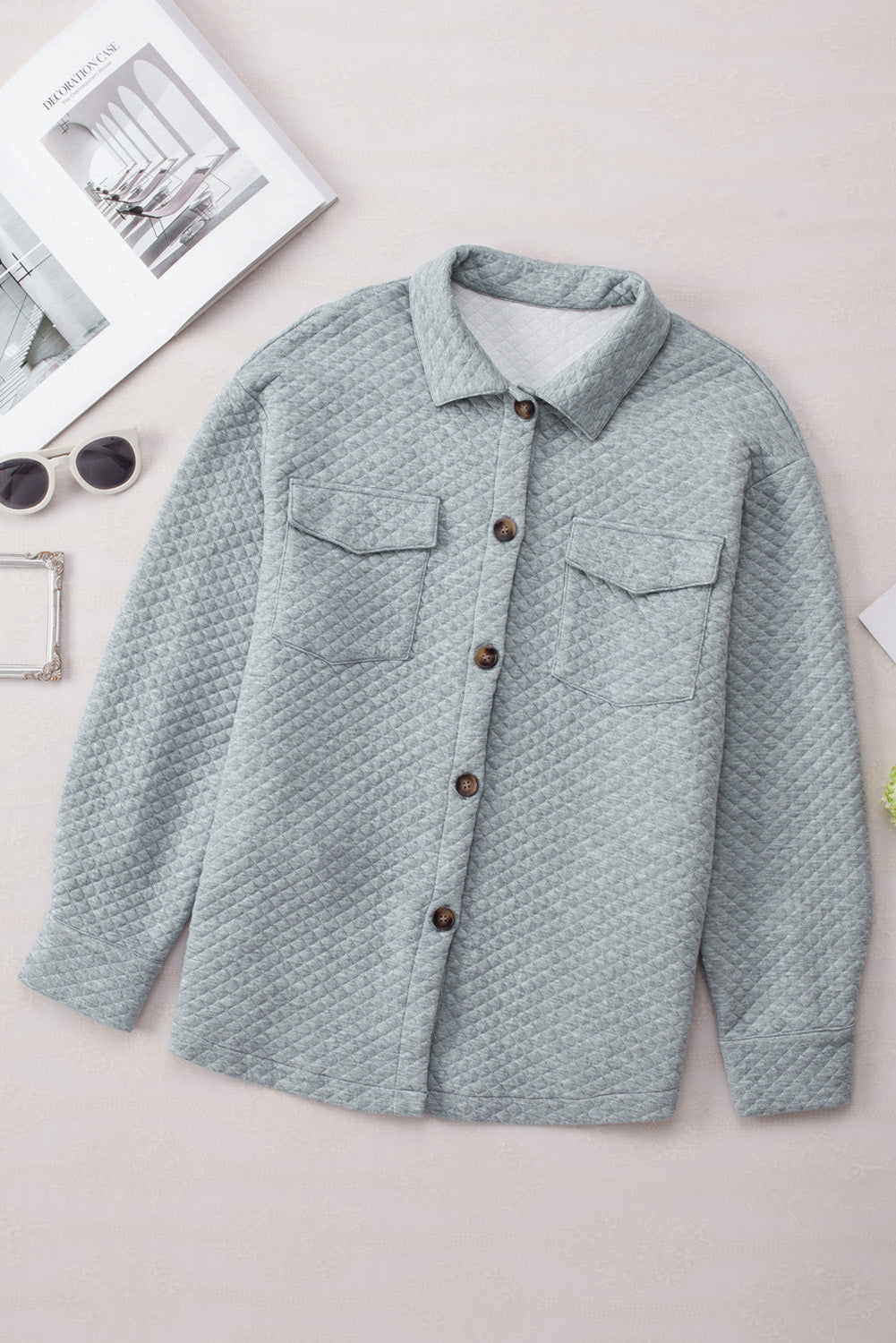 Gray Lattice Texture Retro Flap Pocket Button Shacket - Premium Outerwear from Momma Done Gone Crafty- Just $35.99! Shop now at Momma Done Gone Crafty