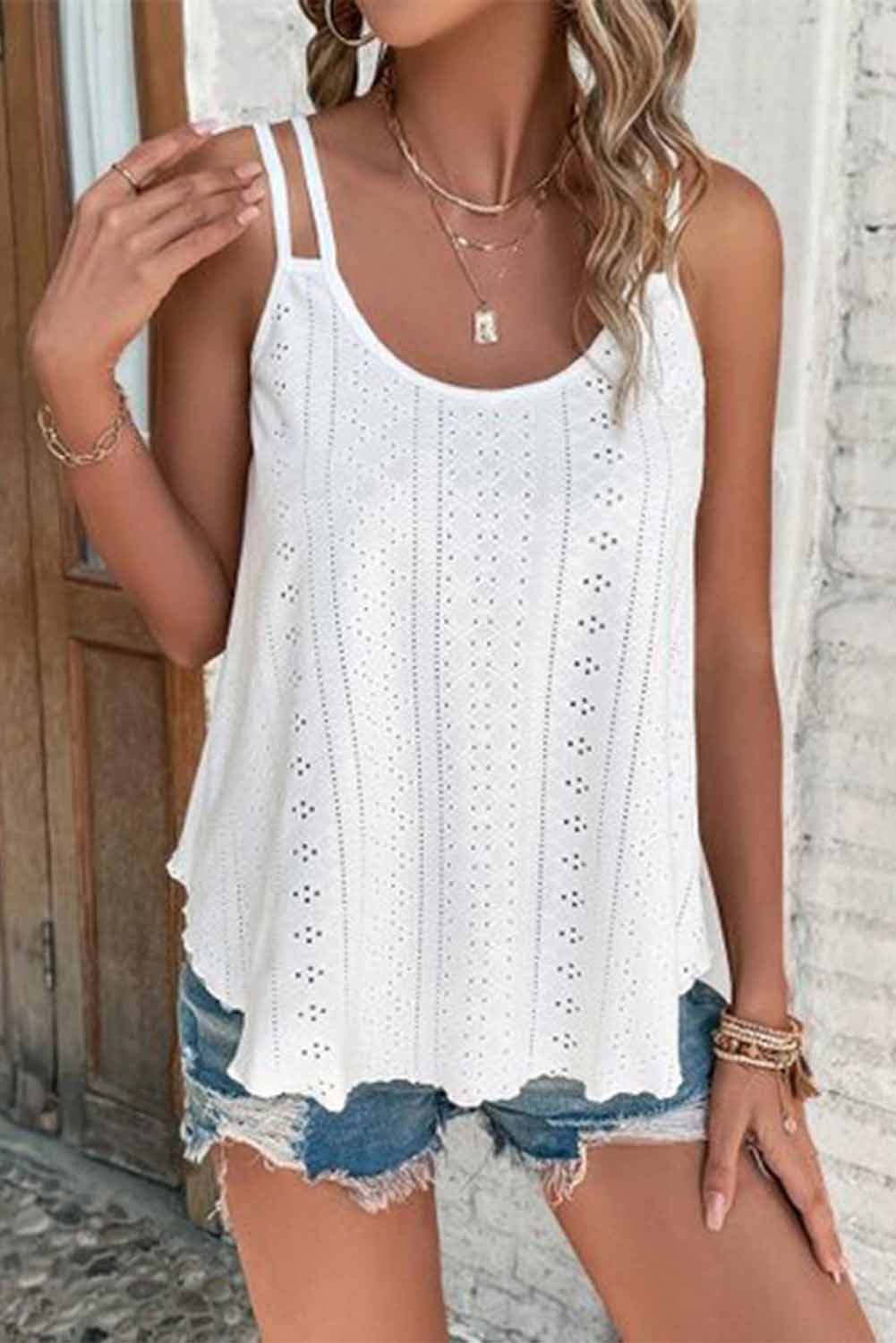 White Eyelet Strappy Scoop-Neck Tank Top - Premium Tops from Momma Done Gone Crafty- Just $12.00! Shop now at Momma Done Gone Crafty