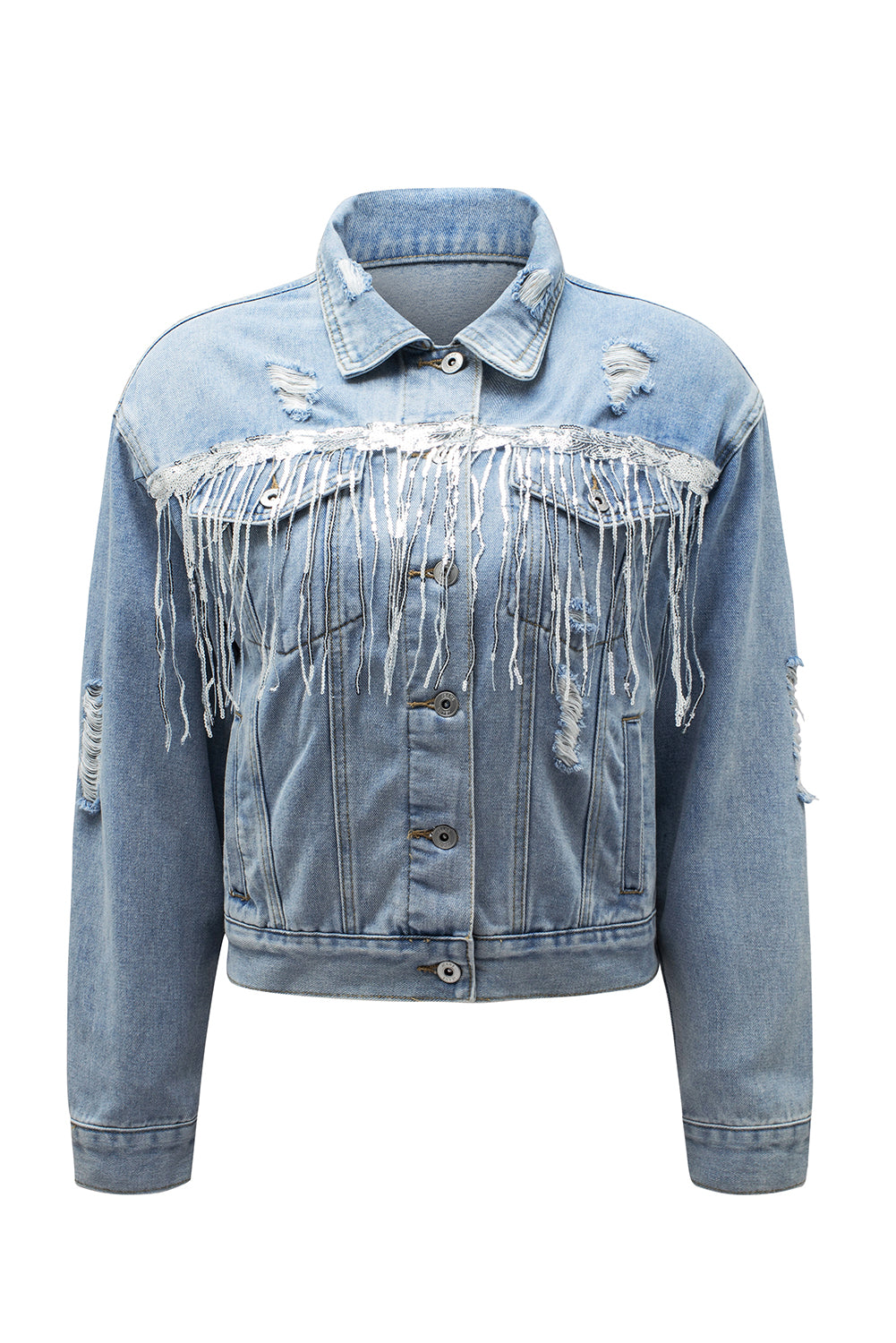 Sky Blue Sequin Embellished Fringe Distressed Denim Jacket - Premium Outerwear from Momma Done Gone Crafty- Just $52.80! Shop now at Momma Done Gone Crafty