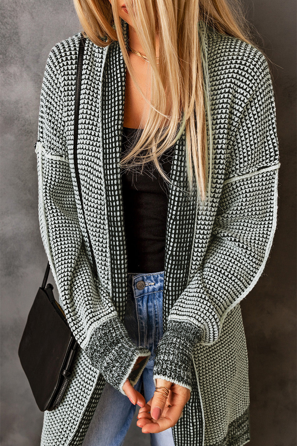 Gray Plaid Knitted Long Open Front Cardigan - Premium Tops from Momma Done Gone Crafty- Just $35.94! Shop now at Momma Done Gone Crafty