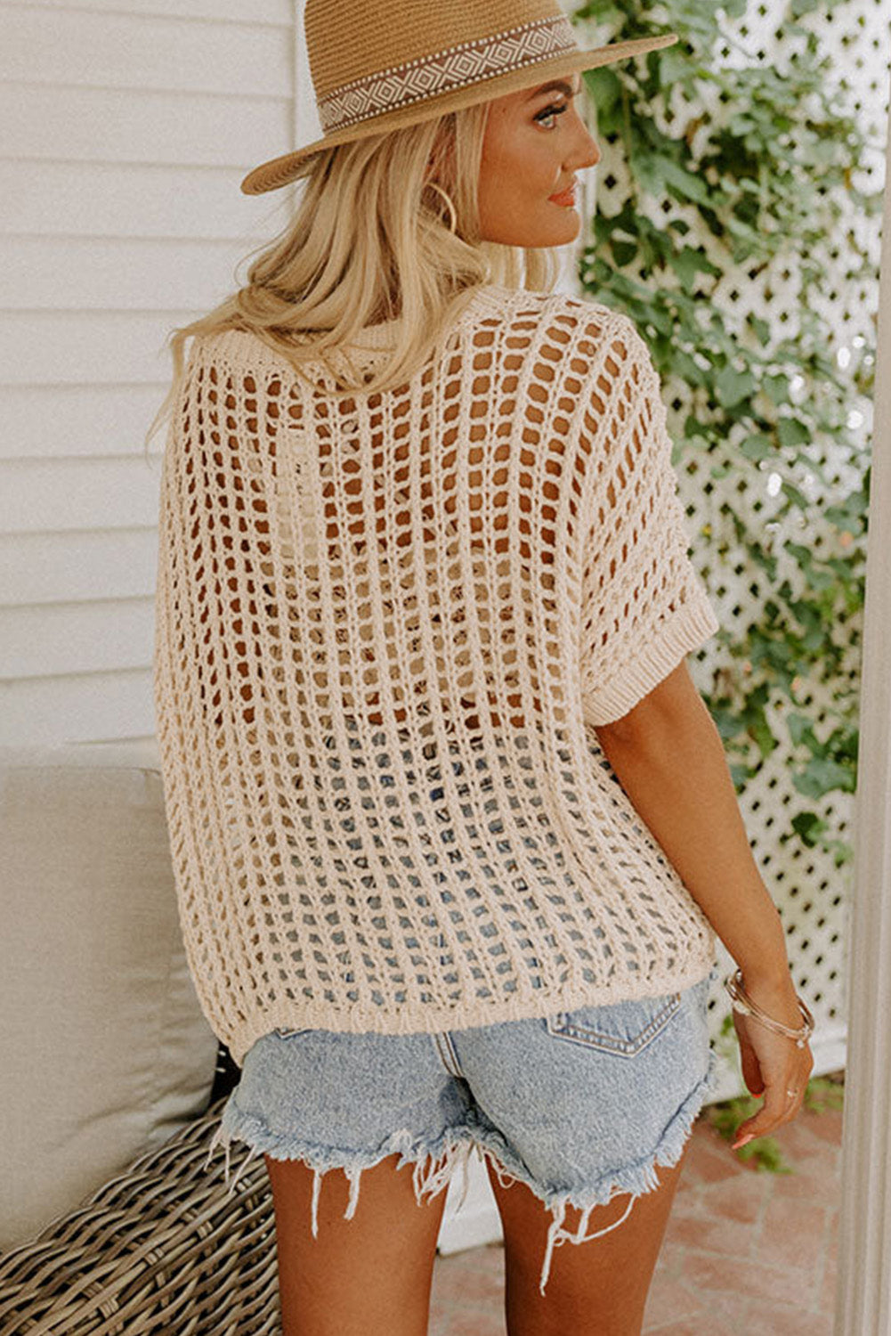 Apricot Fishnet Knit Ribbed Round Neck Short Sleeve Sweater Tee - Premium Tops from Momma Done Gone Crafty- Just $22.00! Shop now at Momma Done Gone Crafty