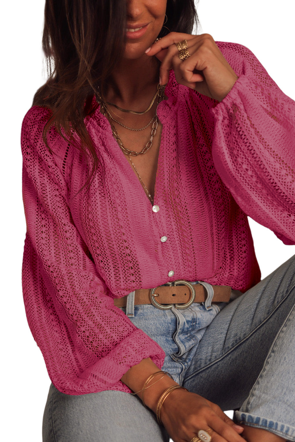 Rose V-Neck Long Sleeve Button Up Lace Shirt - Premium Tops from Momma Done Gone Crafty- Just $26.99! Shop now at Momma Done Gone Crafty