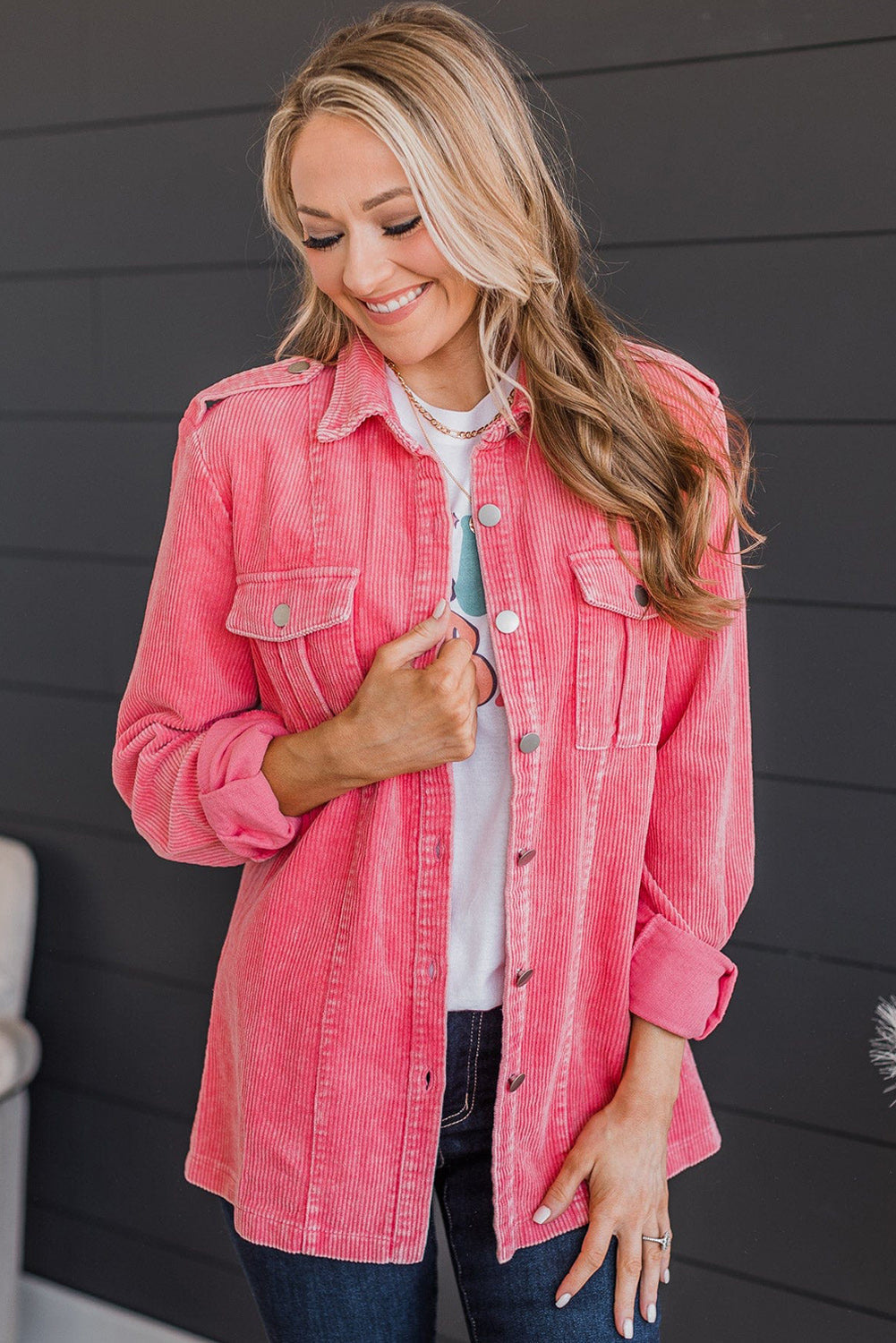 Pink Buttoned Flap Pocket Corduroy Jacket - Premium Outerwear from Momma Done Gone Crafty- Just $42.99! Shop now at Momma Done Gone Crafty