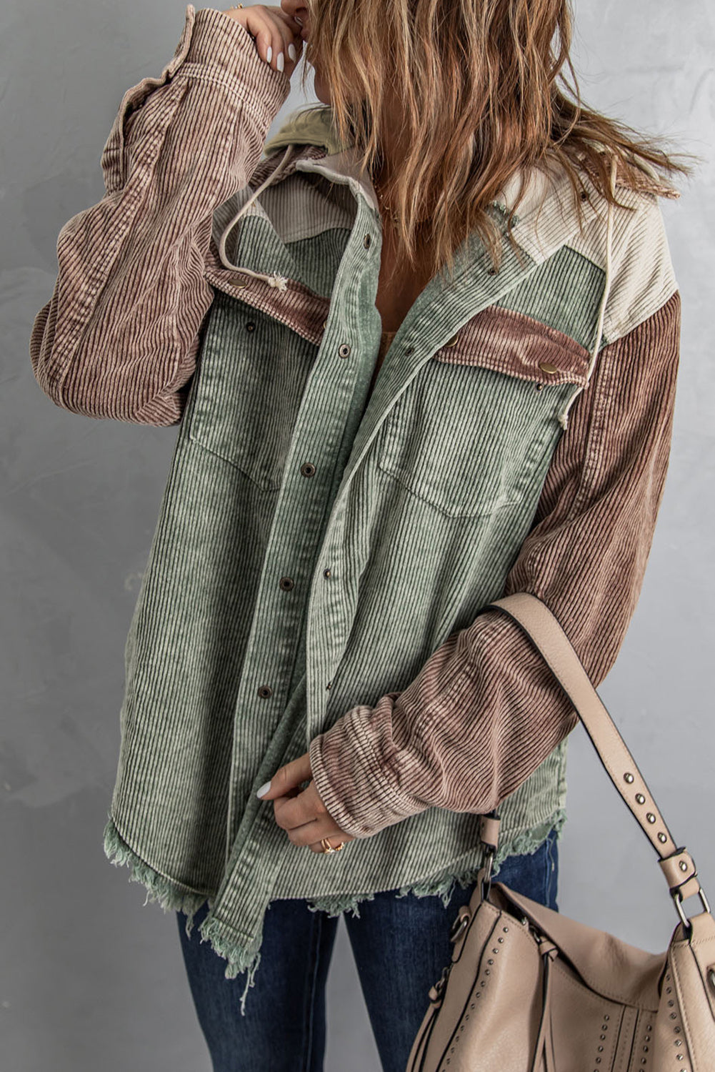 Green Color Block Button Down Hooded Corduroy Jacket - Premium Outerwear from Momma Done Gone Crafty- Just $54.00! Shop now at Momma Done Gone Crafty