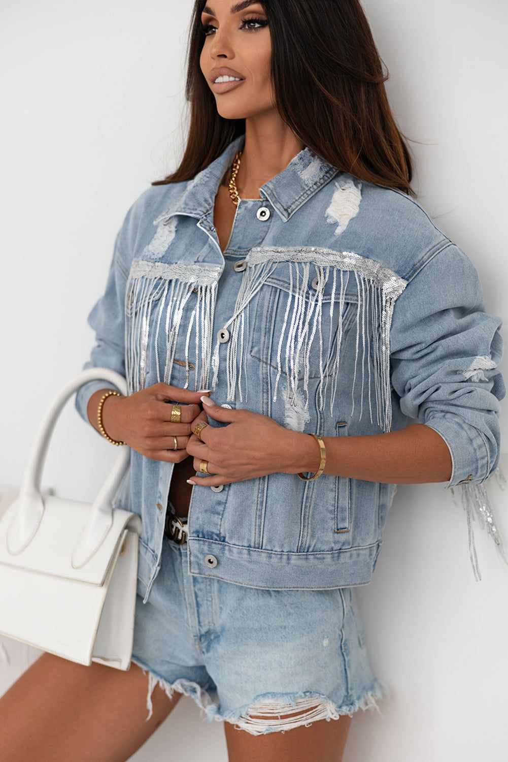 Sky Blue Sequin Embellished Fringe Distressed Denim Jacket - Premium Outerwear from Momma Done Gone Crafty- Just $52.80! Shop now at Momma Done Gone Crafty