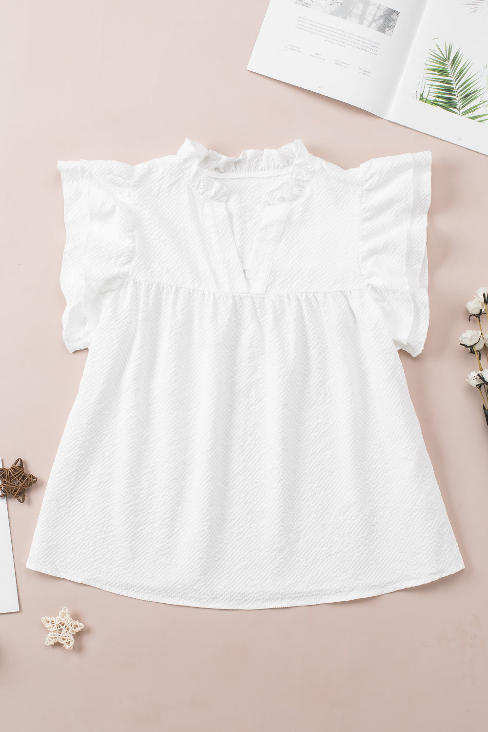 White Ruffle Accent Flutter Sleeve Notch Neck Top - Premium Tops from Momma Done Gone Crafty- Just $16! Shop now at Momma Done Gone Crafty