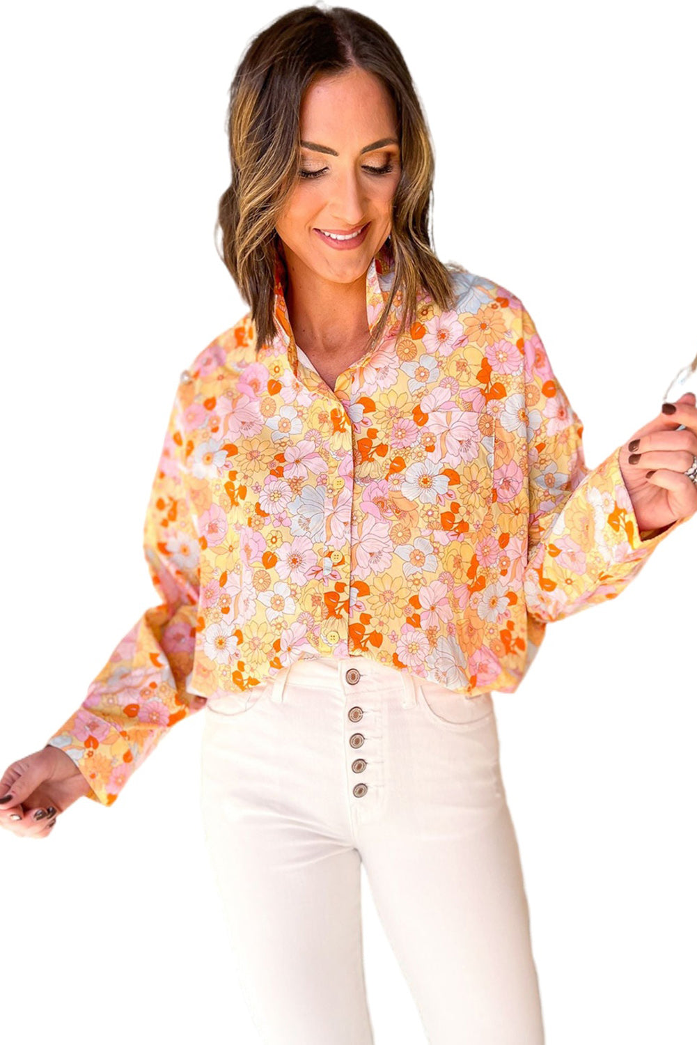 Yellow Floral Print Turn Down Collar Loose Shirt - Premium Tops from Momma Done Gone Crafty- Just $40.20! Shop now at Momma Done Gone Crafty