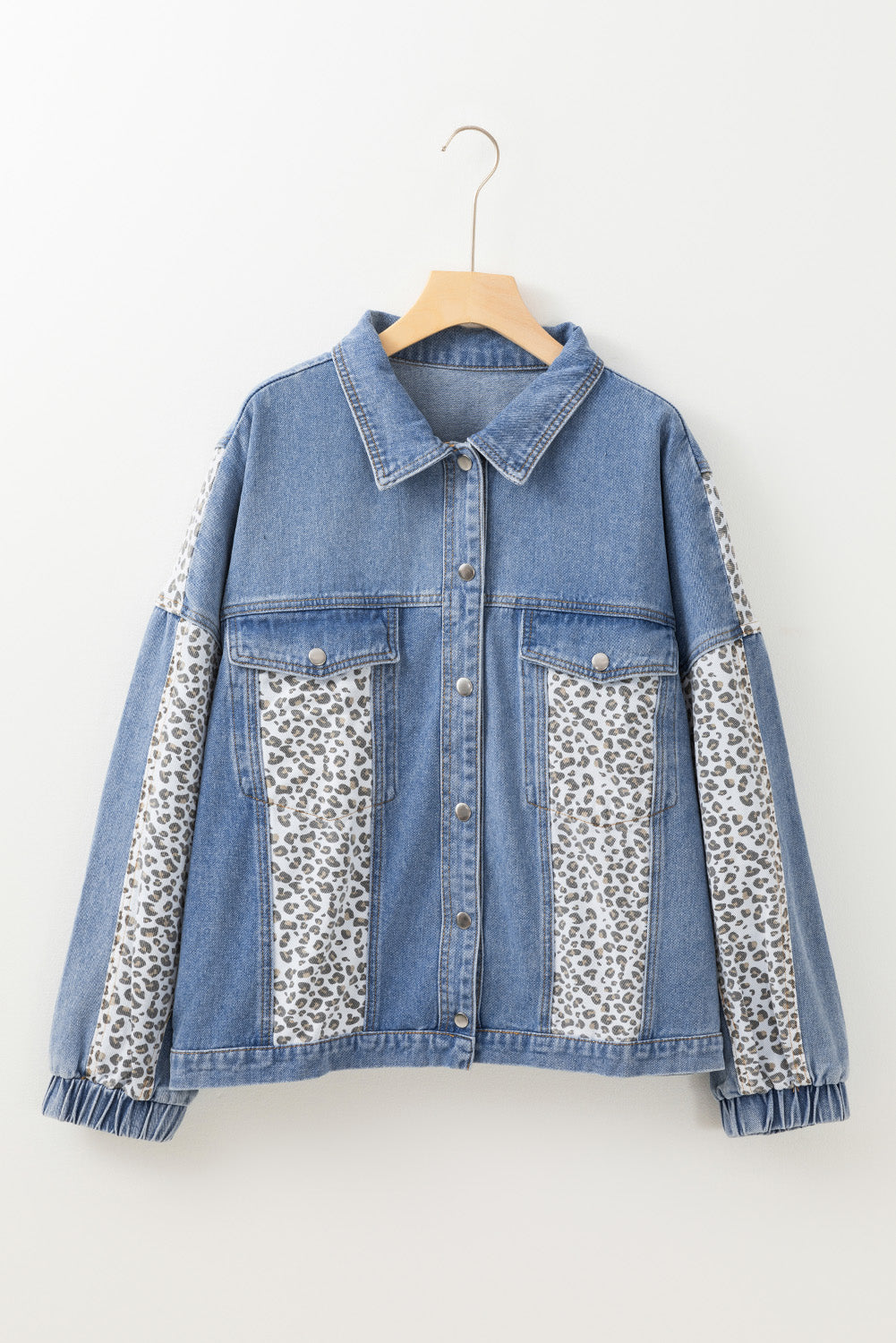 Beau Blue Leopard Patchwork Flap Detail Plus Size Denim Jacket - Premium Plus Size/Plus Size Outerwear from Momma Done Gone Crafty- Just $46.80! Shop now at Momma Done Gone Crafty