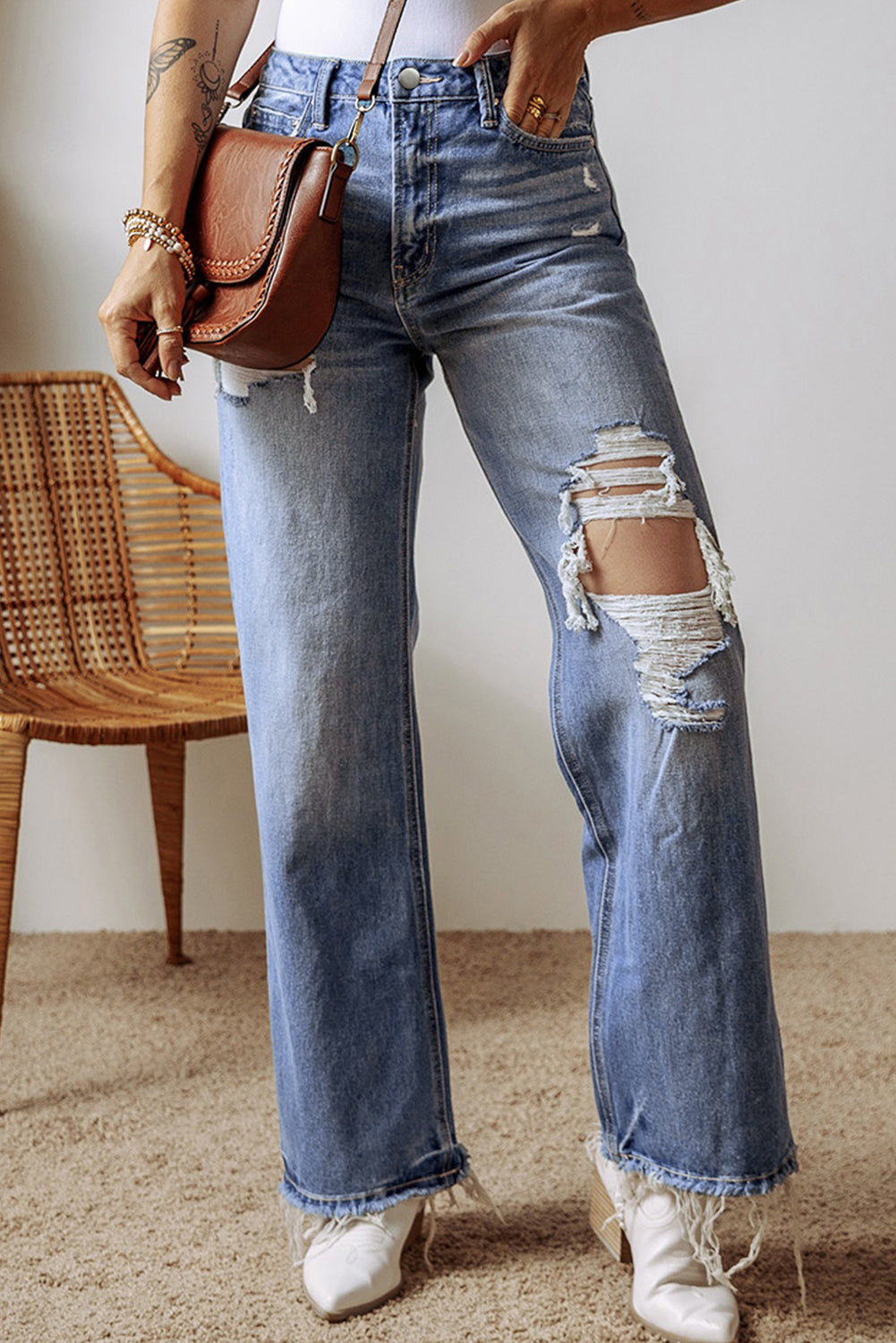 Ashleigh Blue Distressed Raw Hem Straight Leg High Waist Jeans - Premium Bottoms/Jeans from Momma Done Gone Crafty- Just $62.99! Shop now at Momma Done Gone Crafty